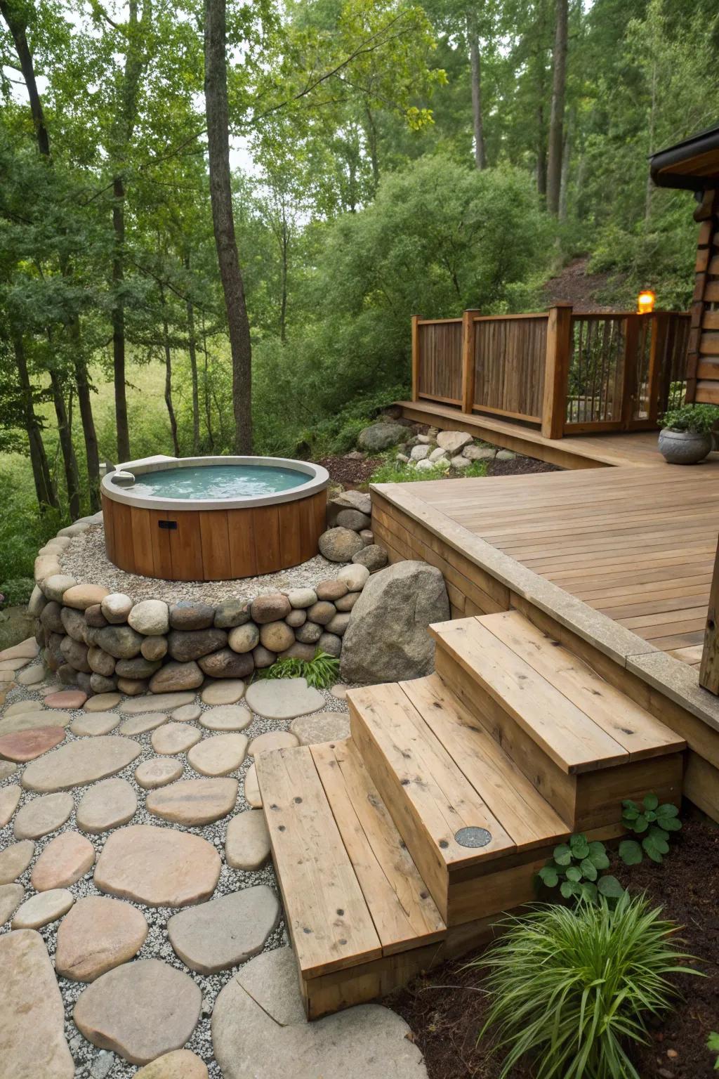 Rustic charm through stone and timber crafts a cozy ambiance.