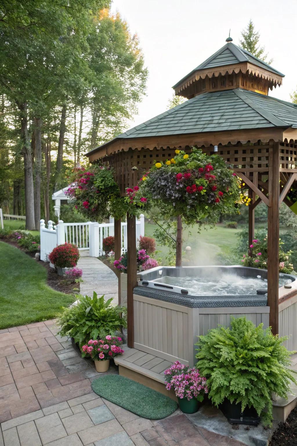 Ornamental vegetation adding vibrancy to the gazebo.
