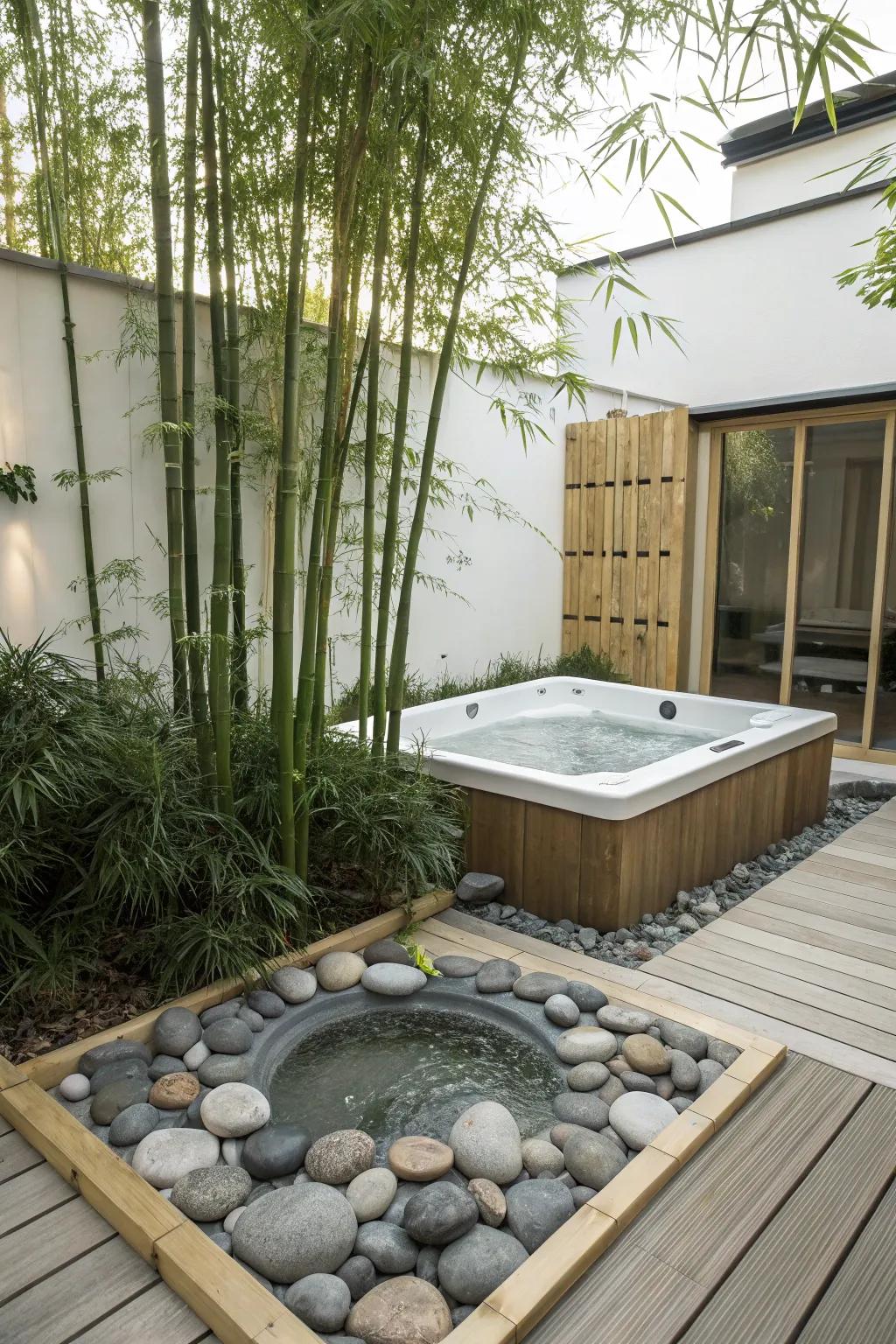 Craft a peaceful Zen retreat using your hot tub as the main focus.