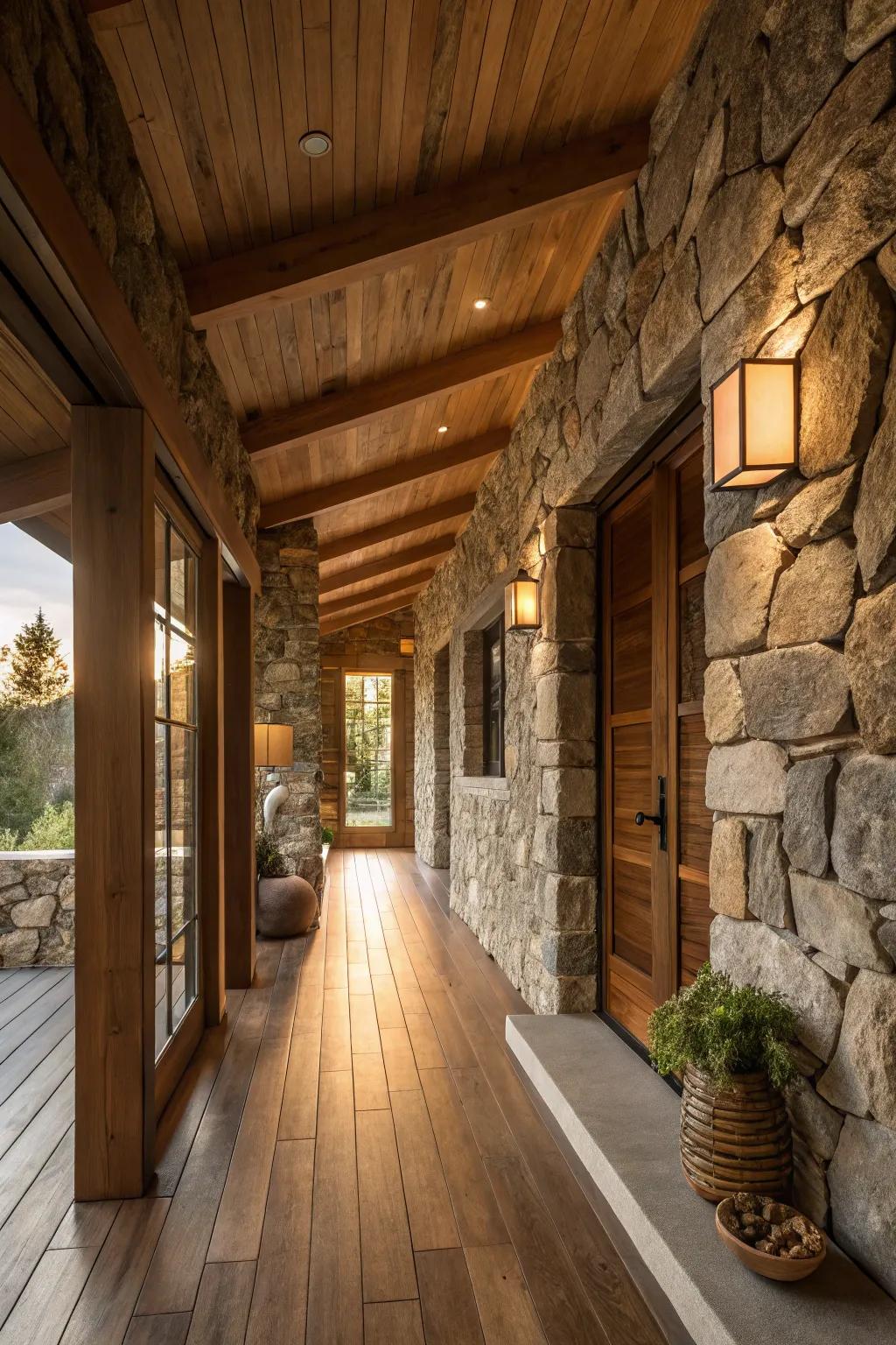 An inviting space featuring natural materials like wood and stone.