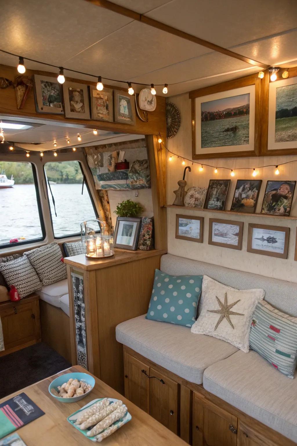 Personal accents make this houseboat feel like home.