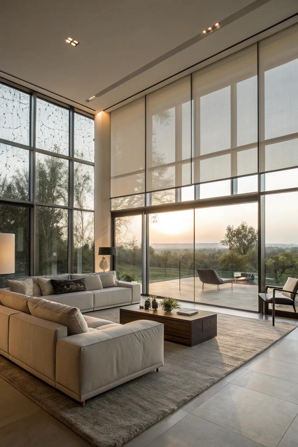 Hued panes offer a sleek and permanent option for light management.