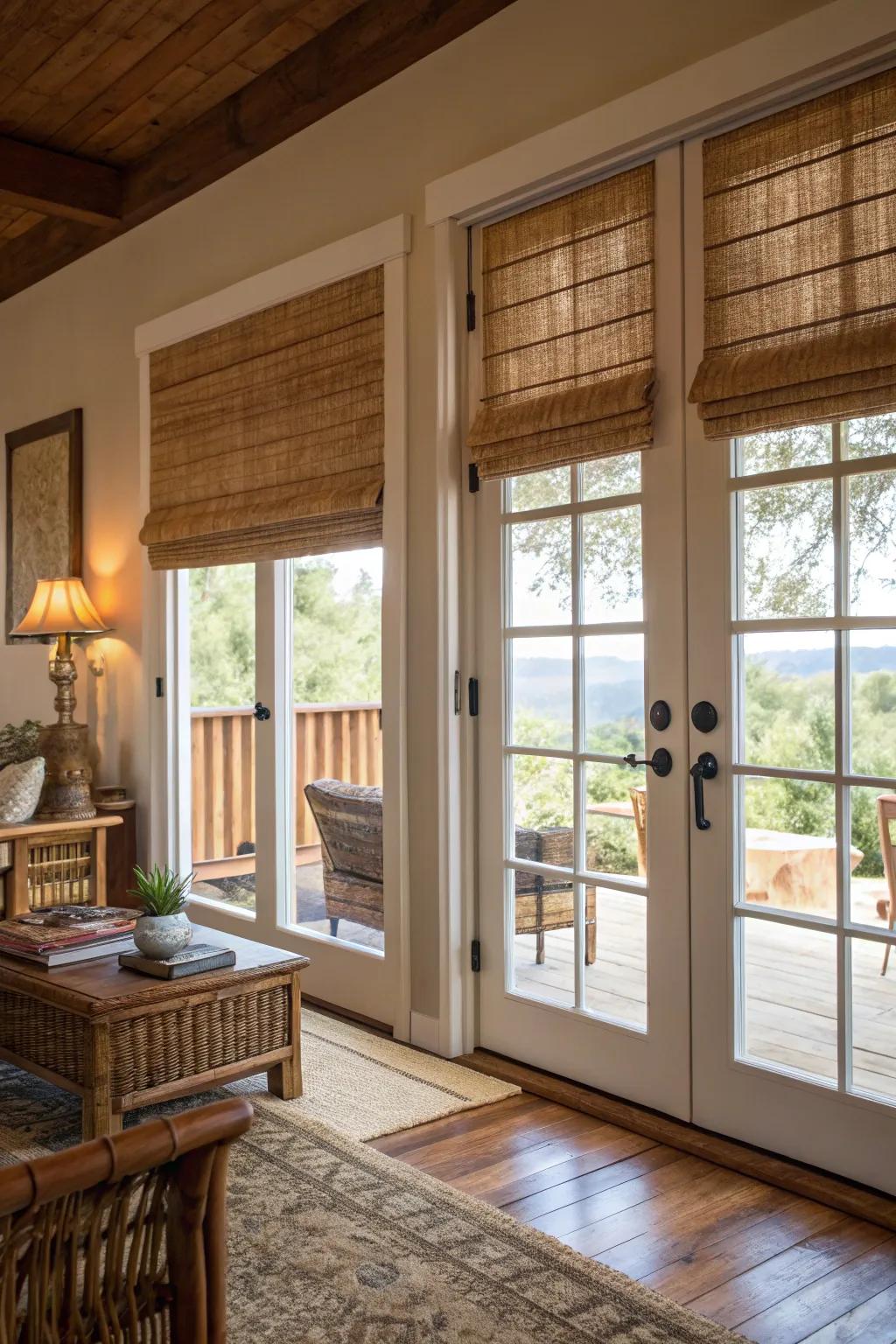 Bamboo shades introduce a natural element and privacy to French doors.