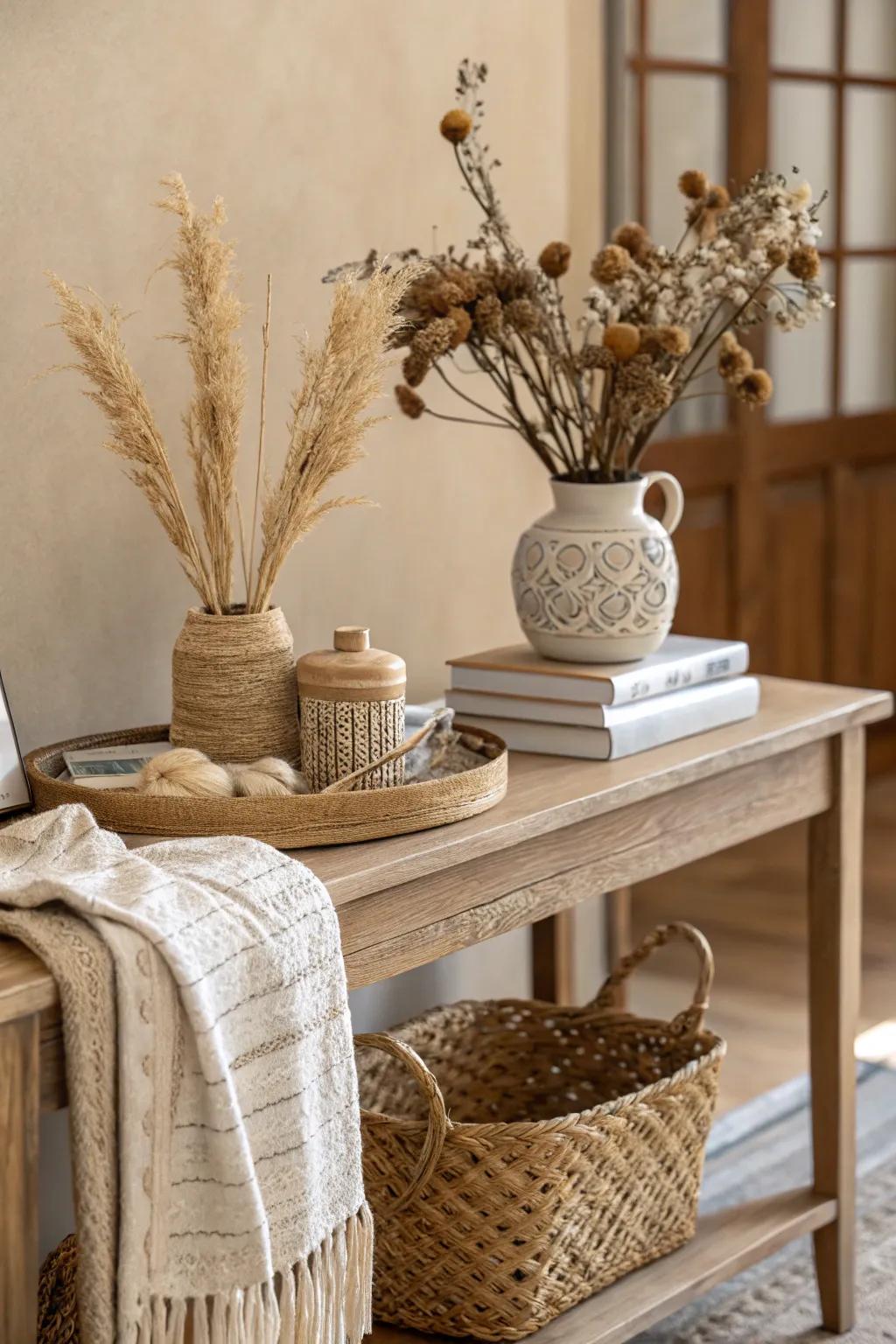 A palette of neutral hues and organic textures fosters a calming atmosphere.