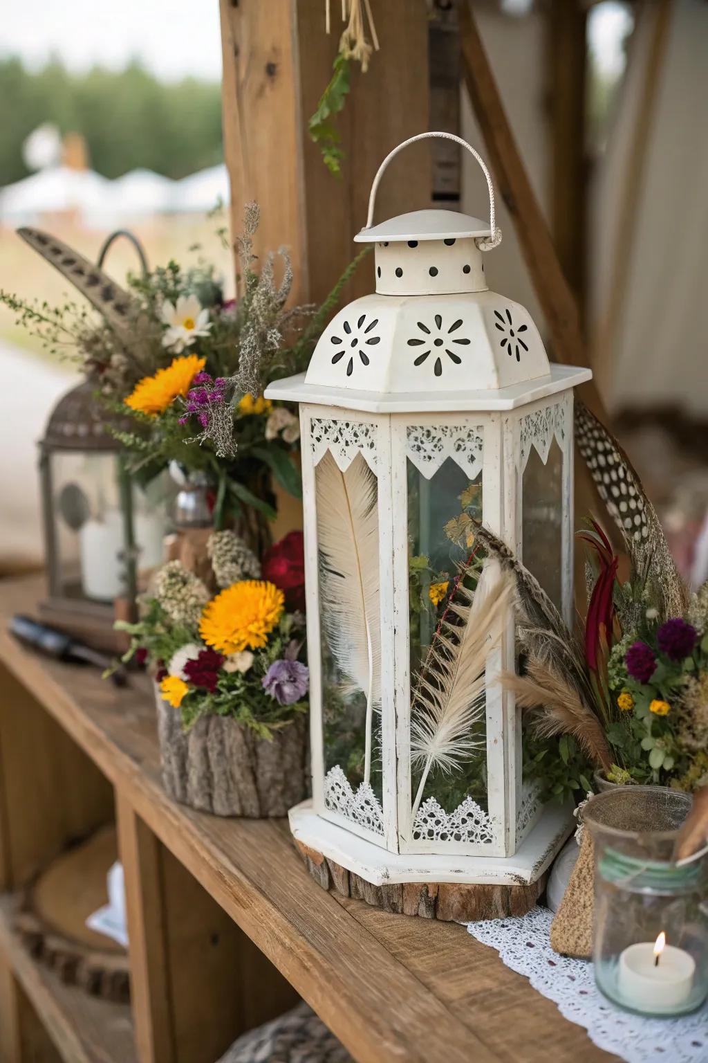 Eclectic bohemian lantern with feathers and wildflowers.