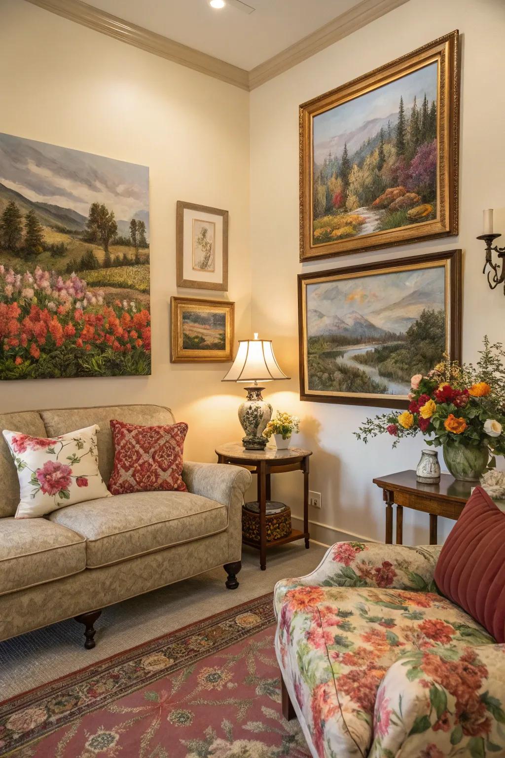 Art with spring motifs enhances the seasonal atmosphere.