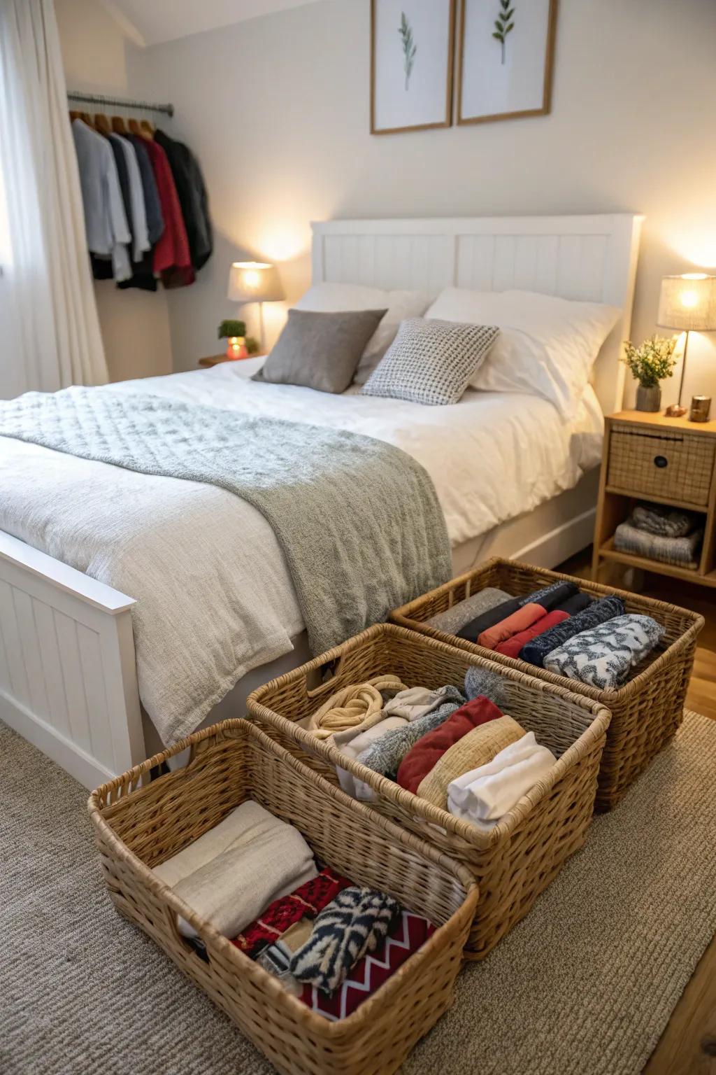 Under-bed baskets provide hidden storage solutions.