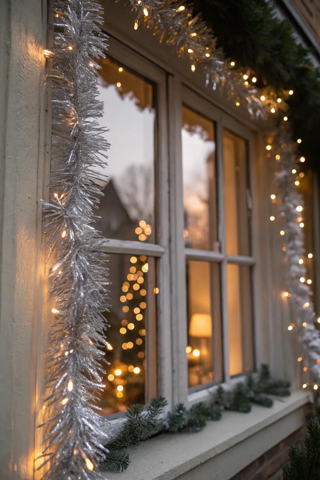 A window beautifully framed with tinsel garland.