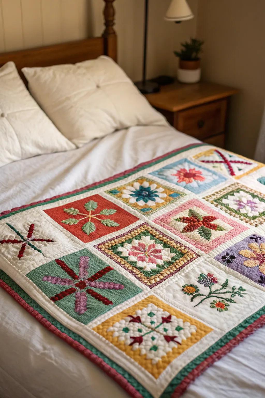Textile art quilts with cross stitch add a personal touch to bedding