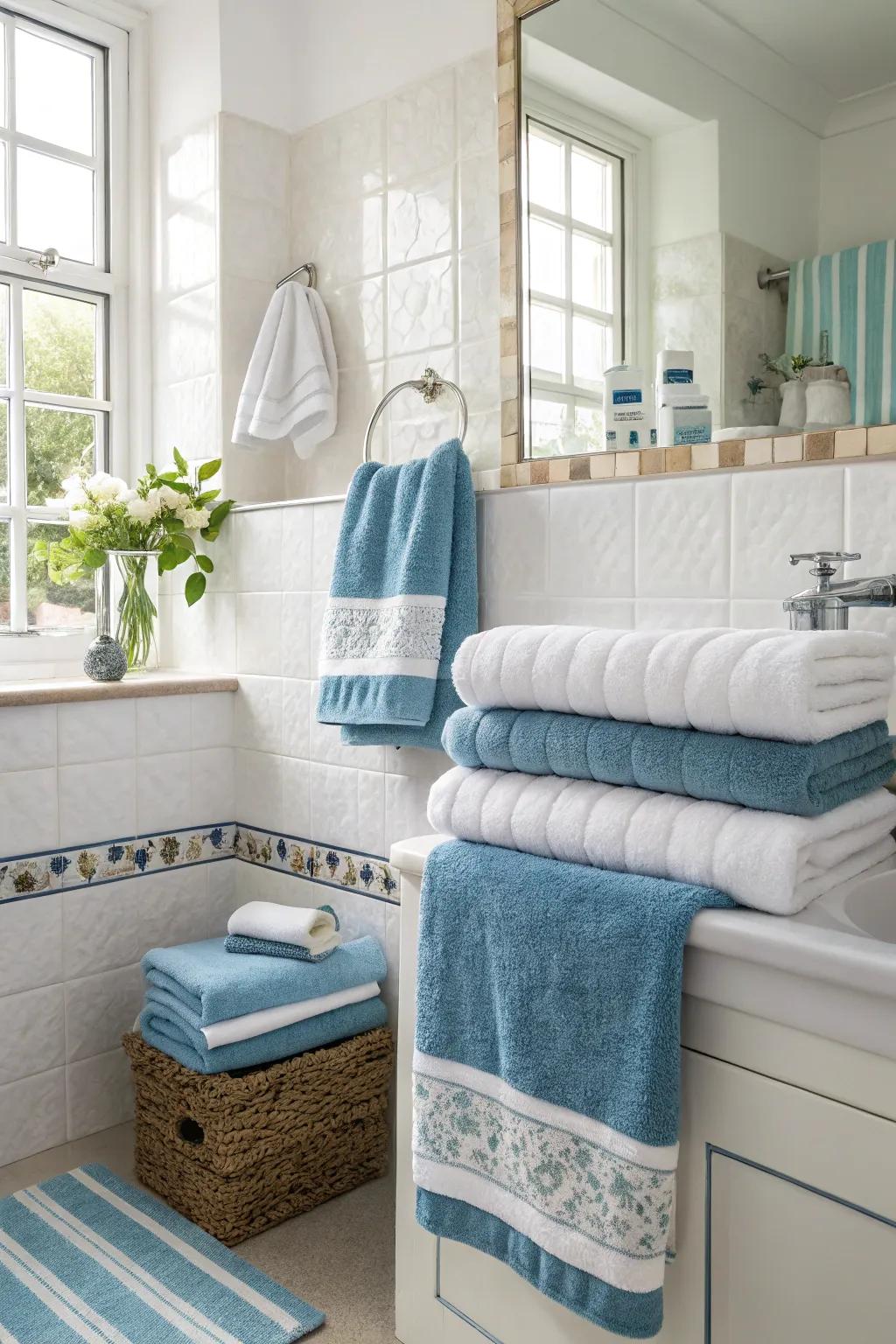 Towels in matching colors create a balanced, stylish bathroom aesthetic.