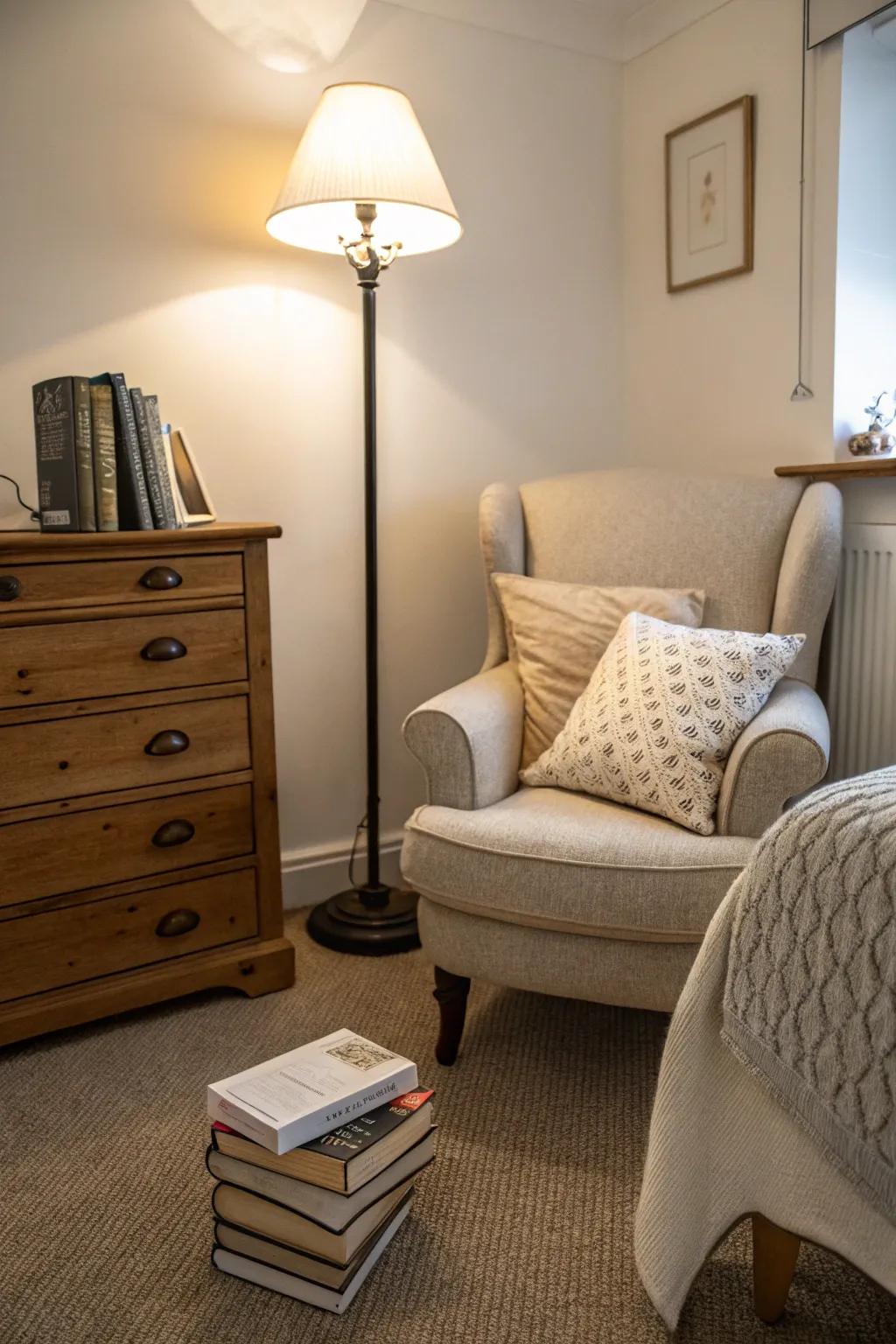 A snug reading corner in a small space.