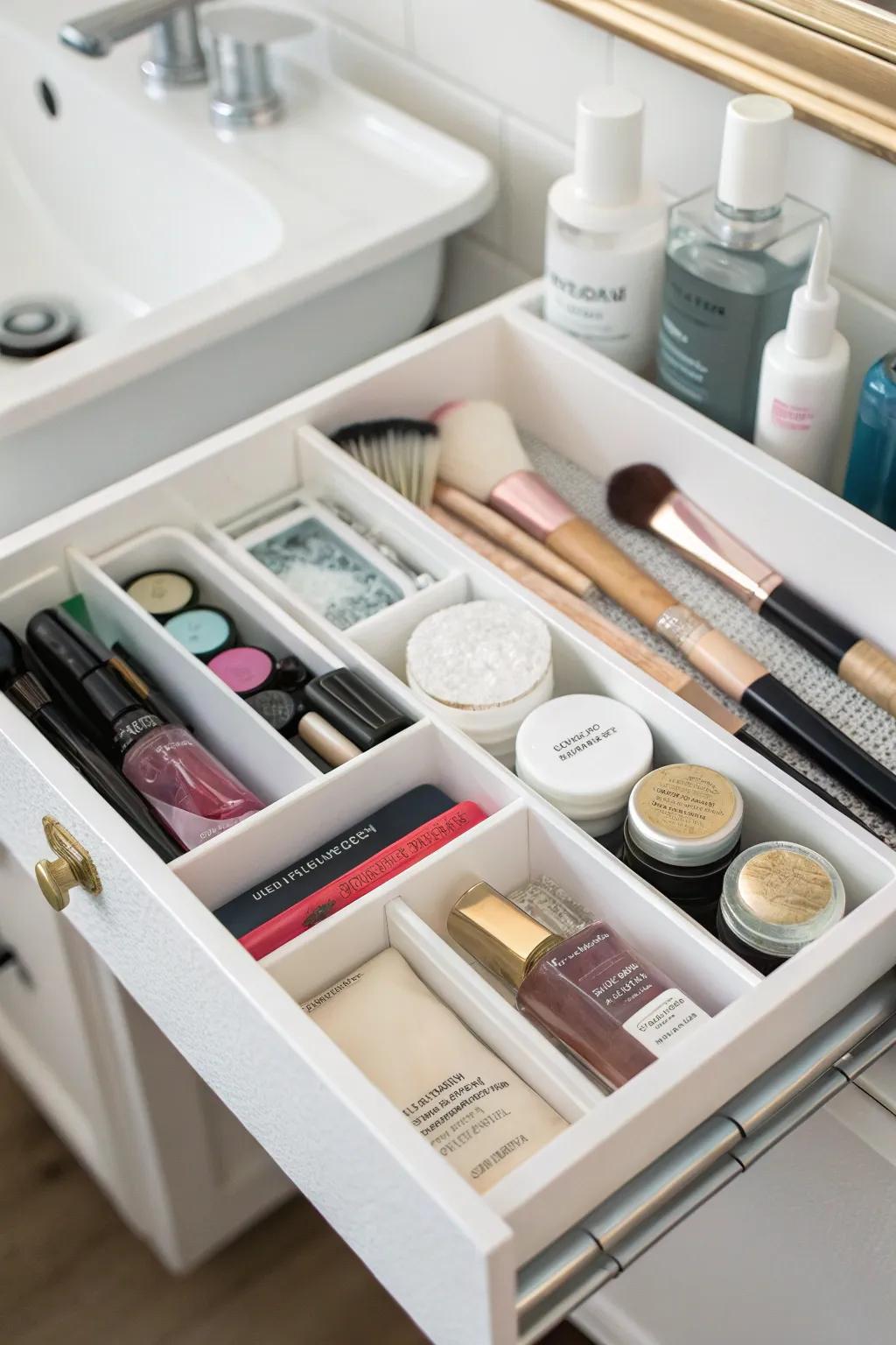 A bathroom drawer uses dividers to keep makeup and tools in separate zones.