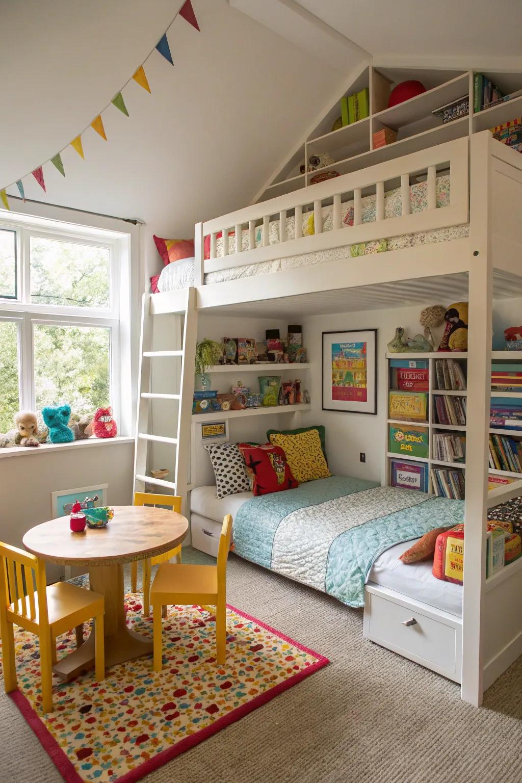 Loft beds create additional space in small areas.
