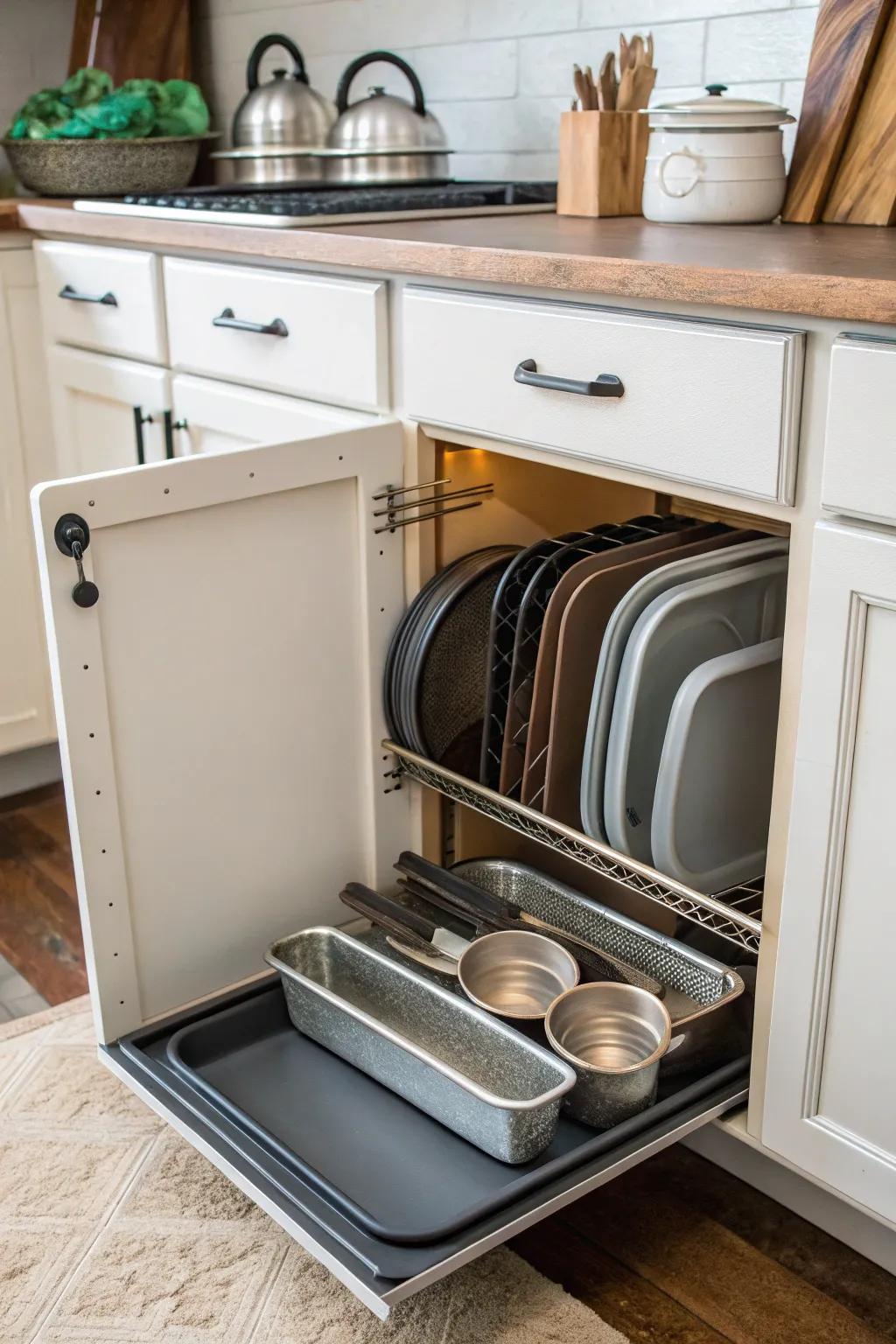 A shoe rack offers a creative solution for bakeware storage.