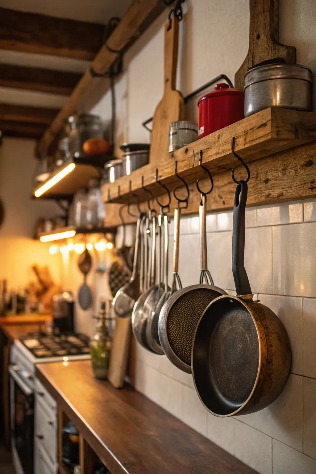 Pot rack serving both as storage and a decorative piece.