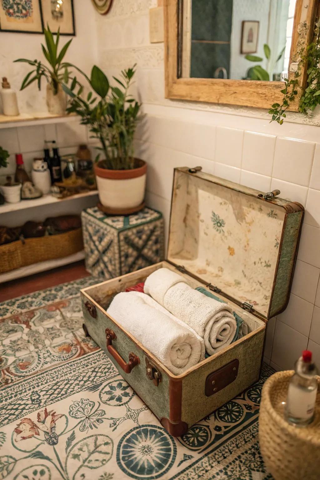 A retro suitcase gives an element of charm and utility to towel storage.