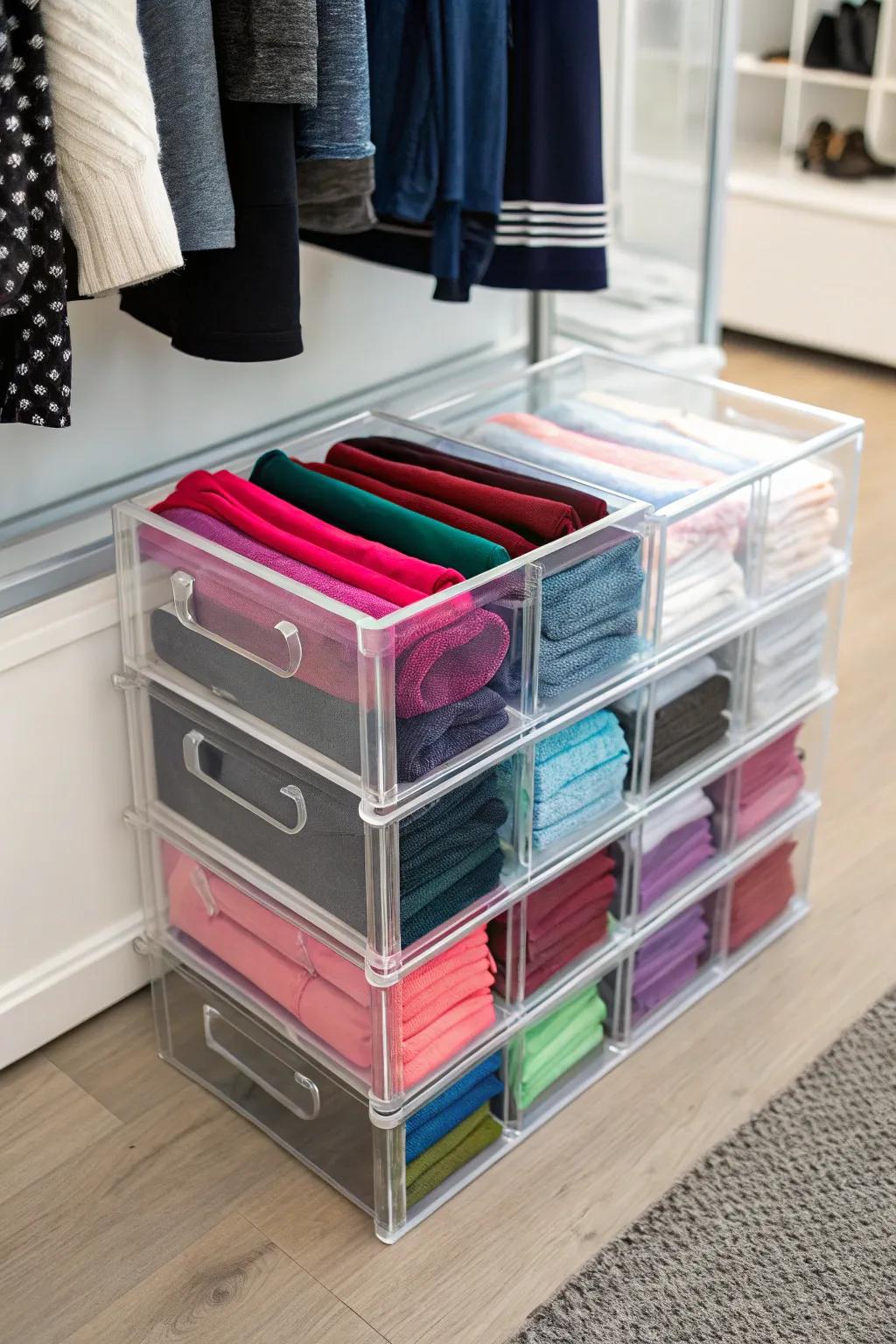 Achieve a minimalist aesthetic with clear acrylic boxes for your leggings.