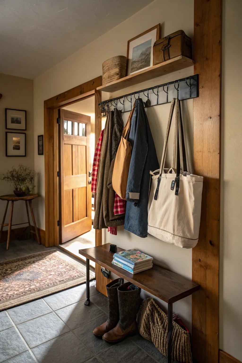 A coat rack provides a versatile storage solution for totes.