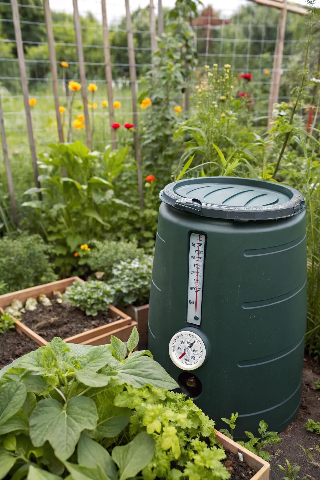 A compost container fitted with a gauge that provides information into the composting procedure.