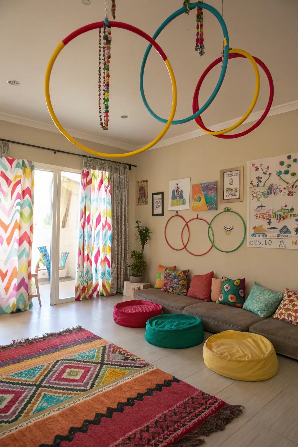 Creative circles smartly used as curtain bands, making a fun window display.