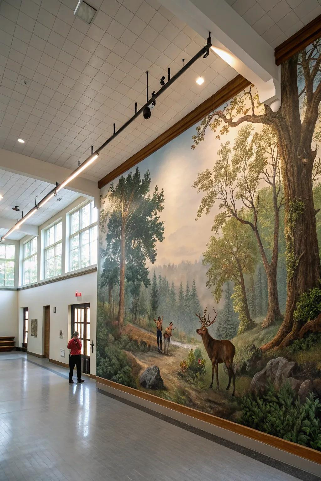 A hunting-inspired mural makes a striking and immersive impact.