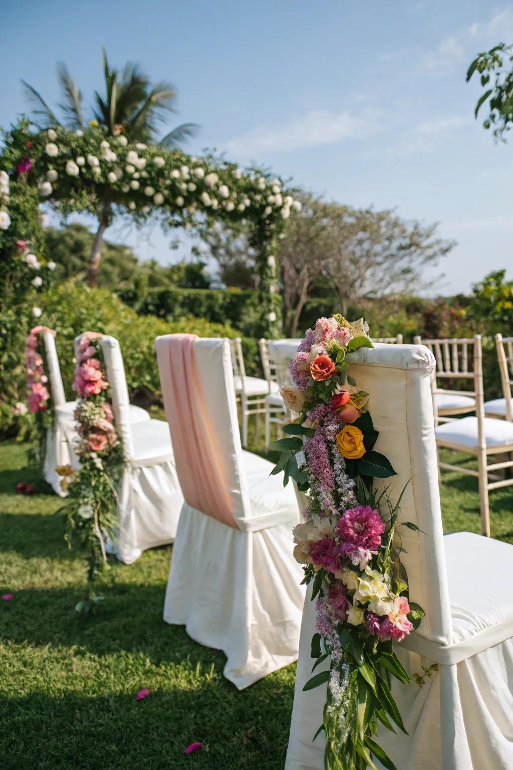 Fresh and vibrant floral-accented chair wraps.