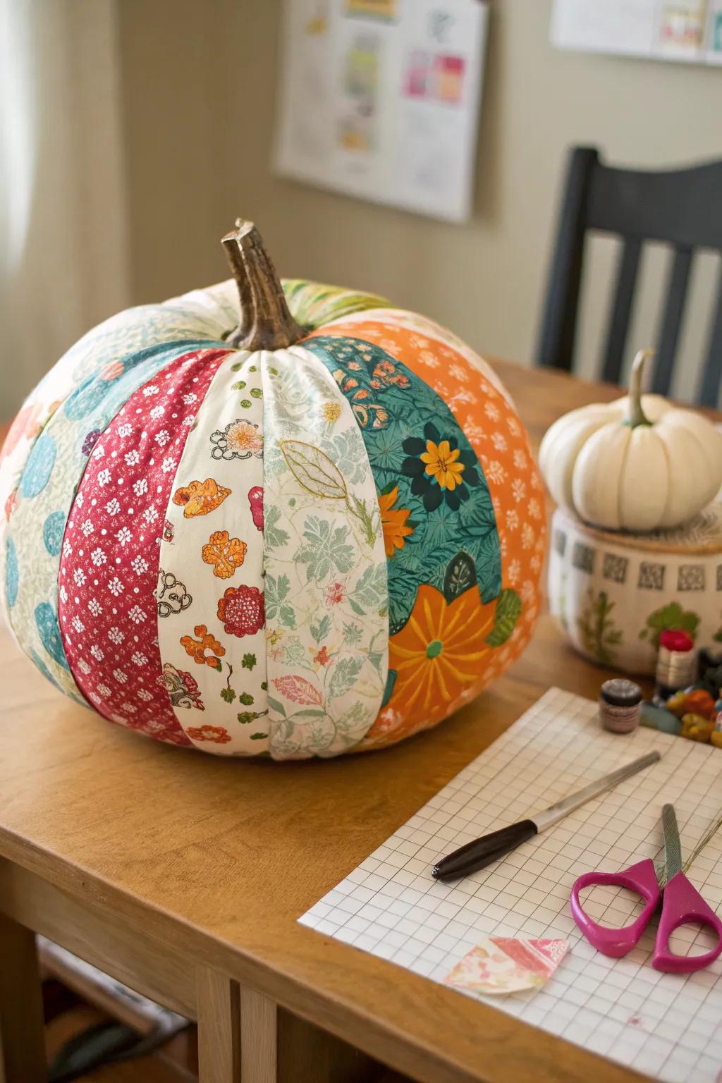 A fabric decoupage pumpkin that brings texture and color into play.