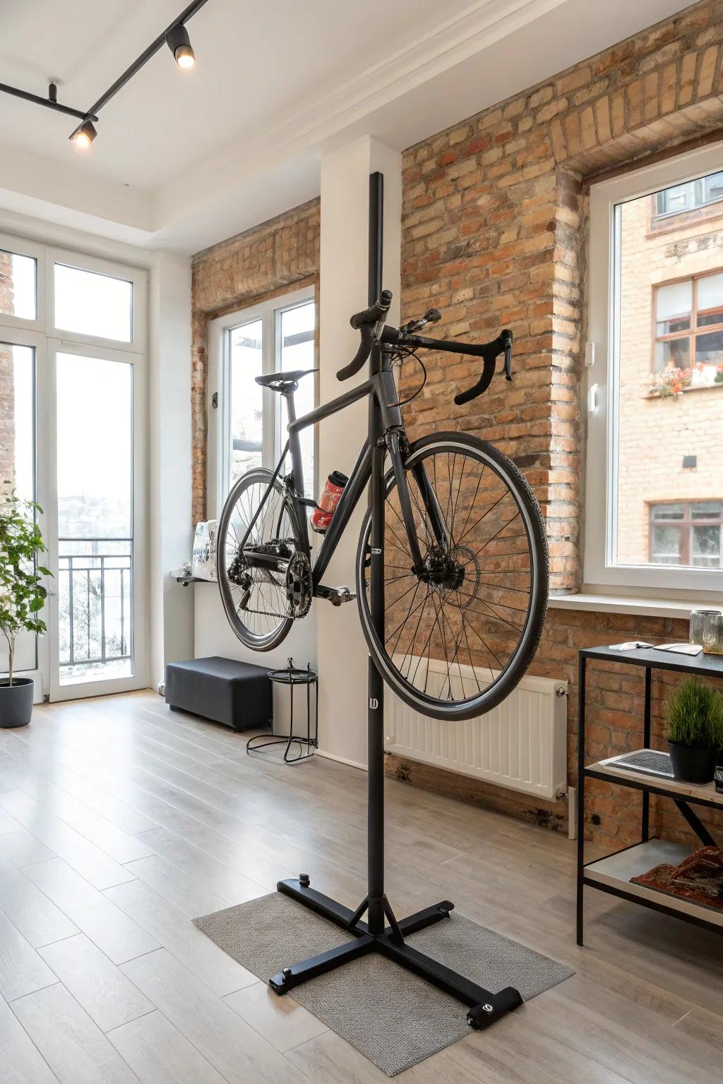 A freestanding vertical rack provides a portable bike storage solution.