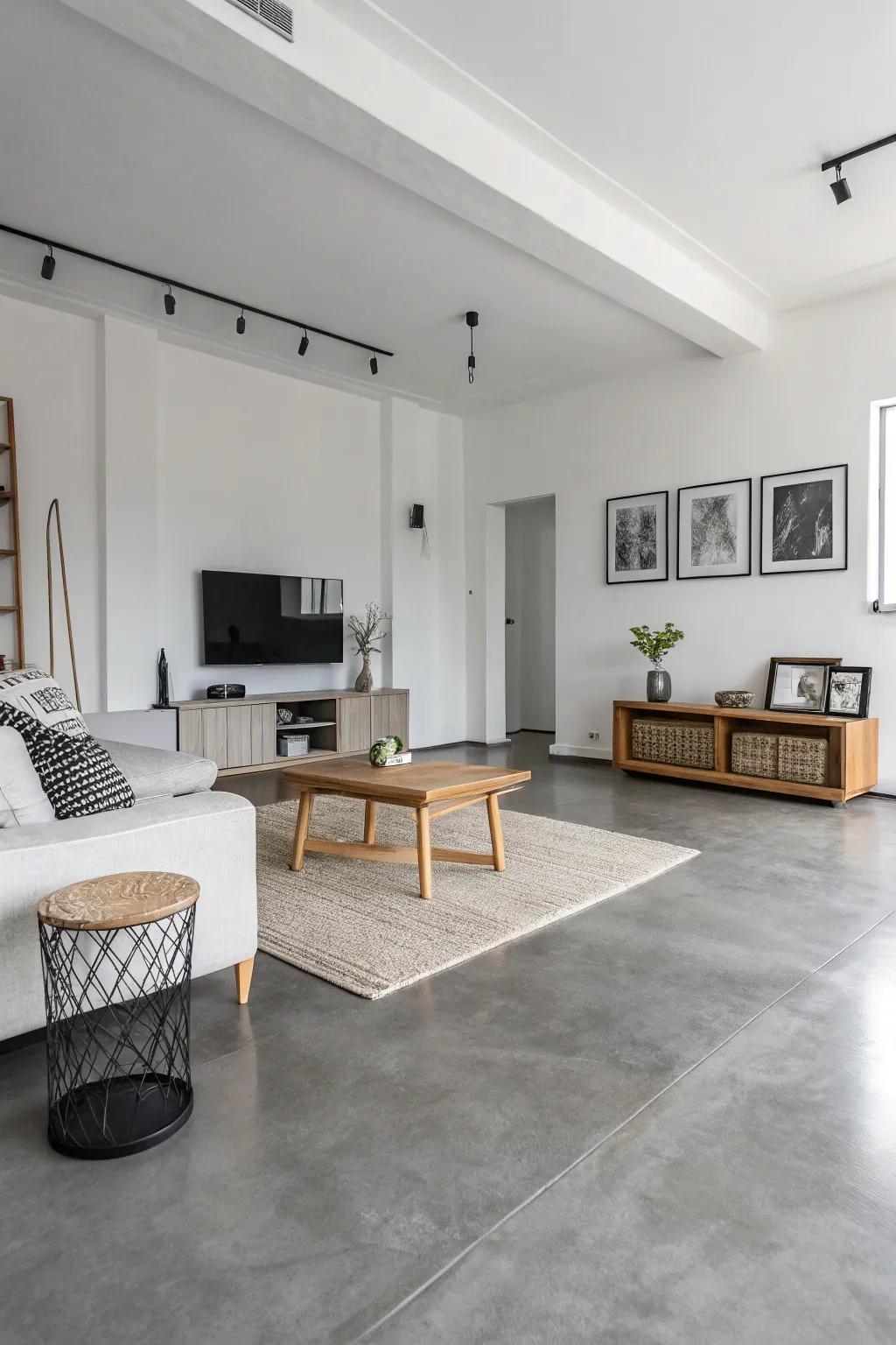 A monochrome palette on a concrete floor adds sophistication to this minimalist living room.