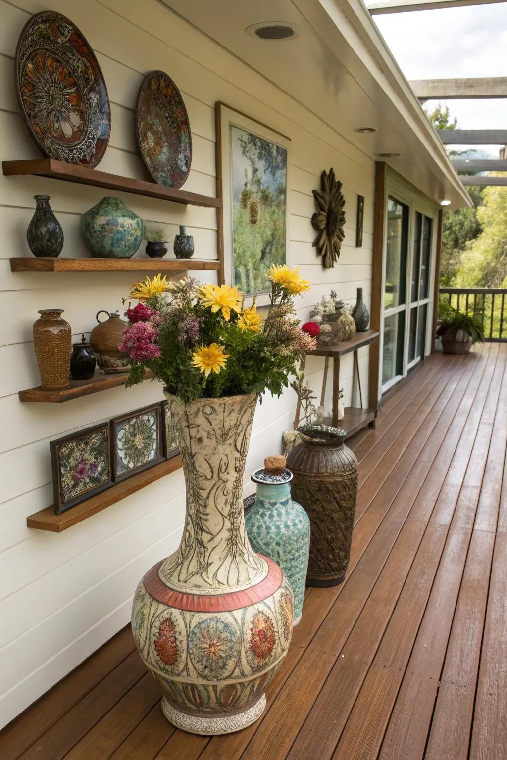 Decorative vases and art pieces personalize this indoor deck.