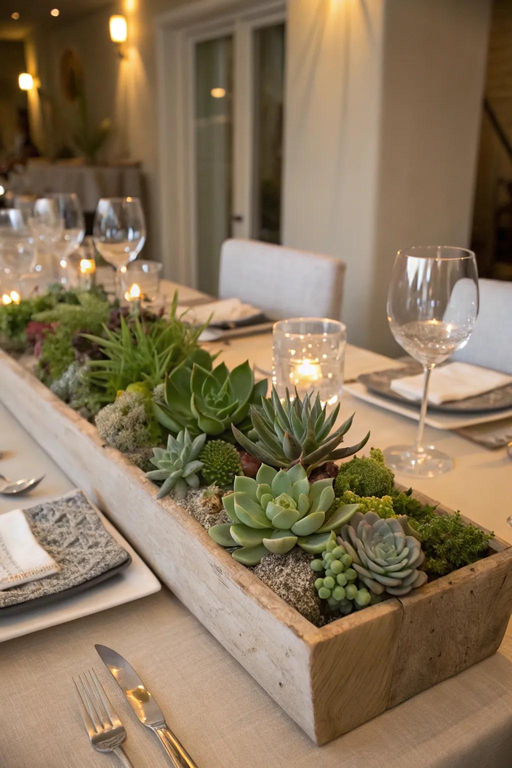 A succulent centerpiece elevates any dining setting.