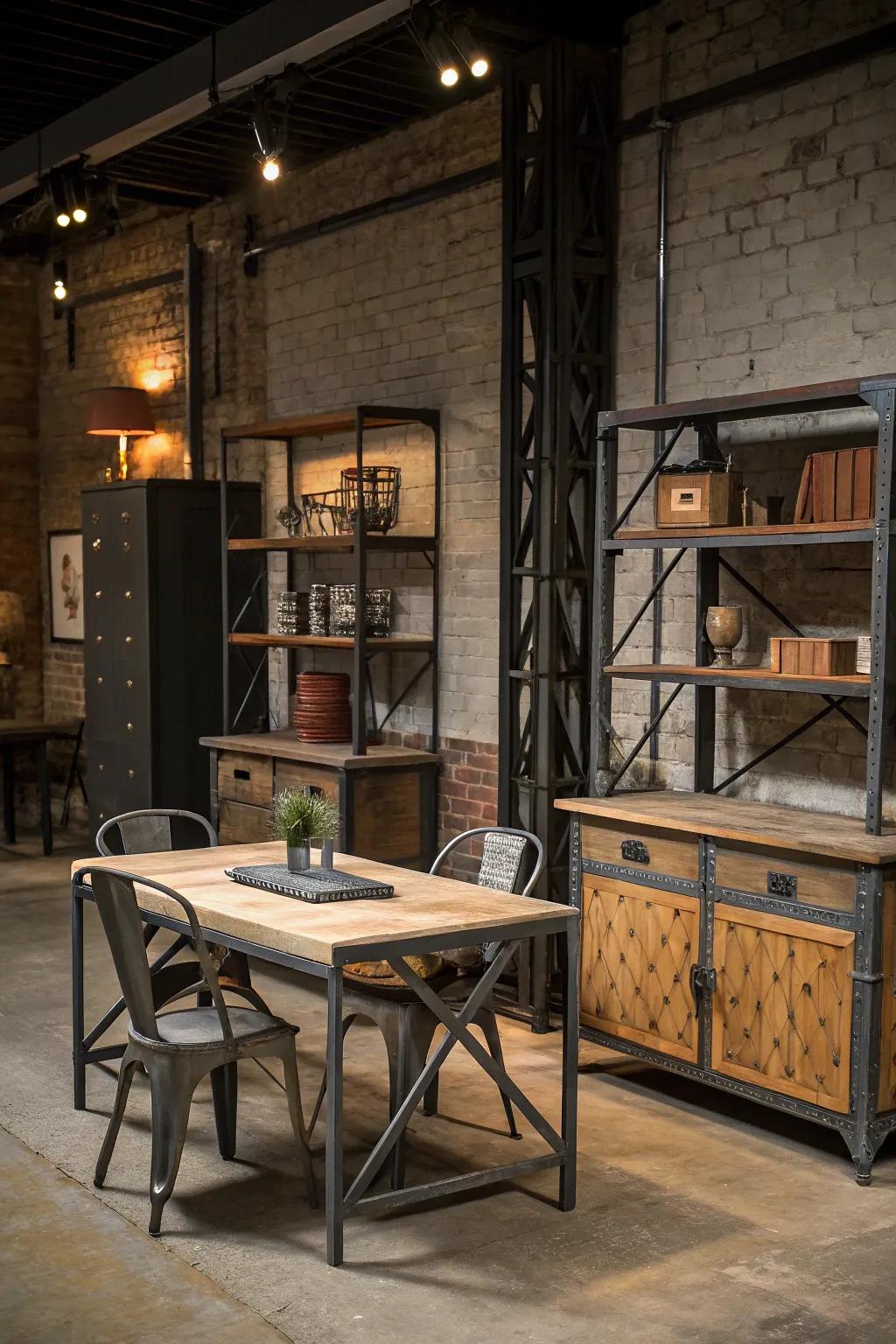 Industrial-style furniture merges metal and wood for a classic look.