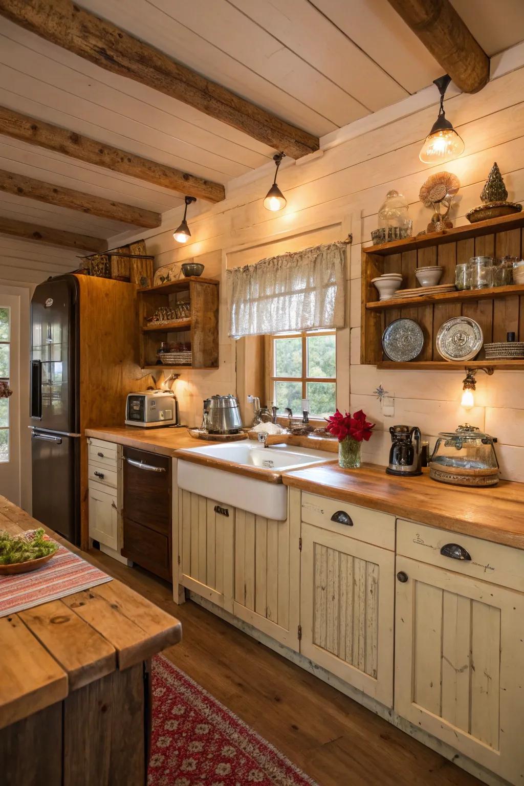 Wide-plank wood countertops provide a warm and inviting atmosphere.