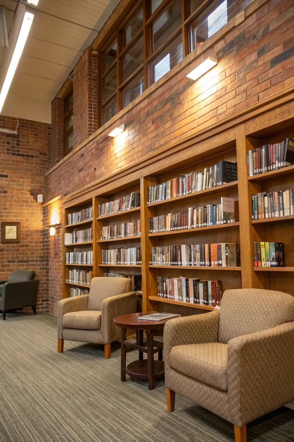 A sophisticated library wall with wooden shelves on a brick wall, perfect for book lovers.