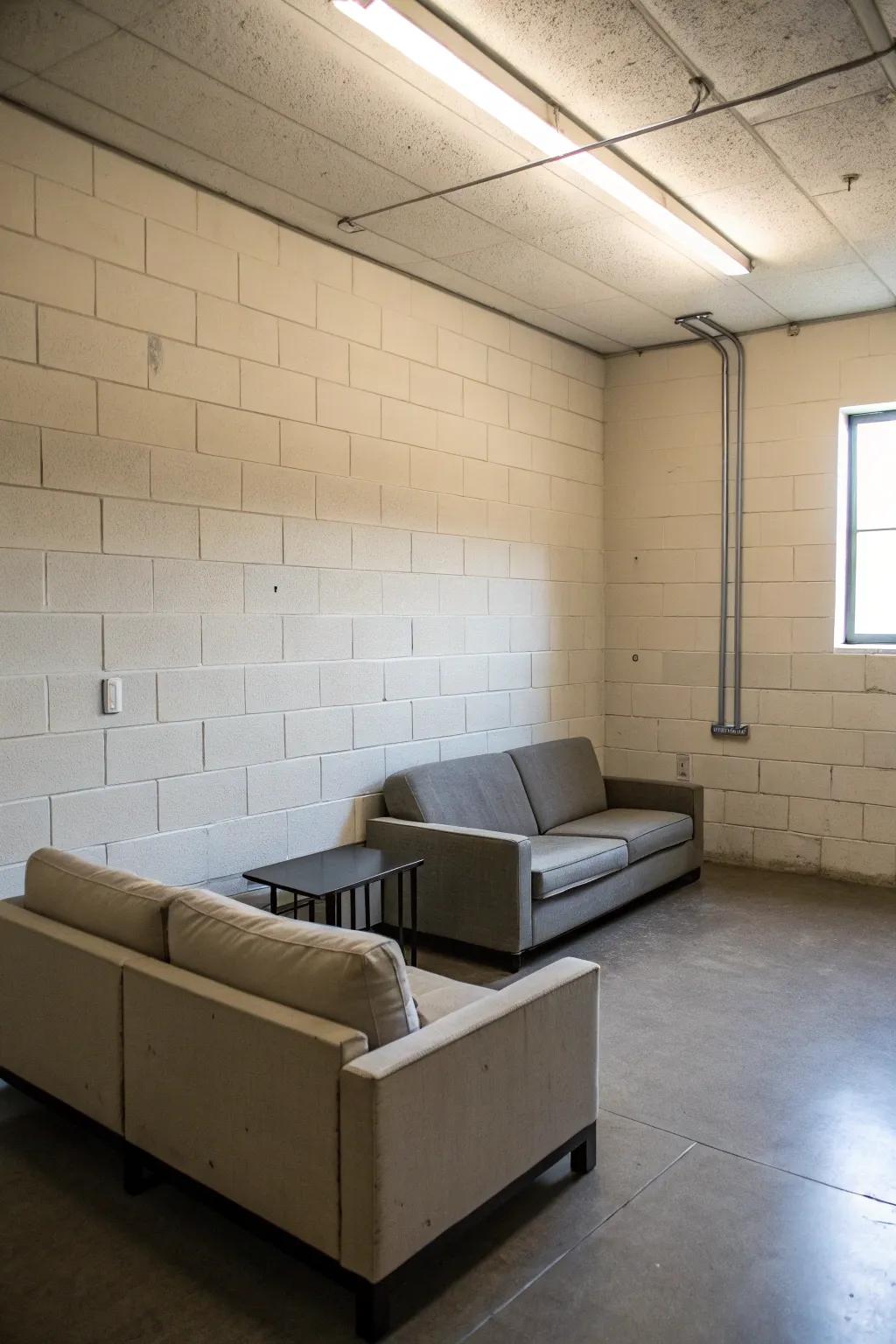 A minimalist room featuring a plain cinder block wall.