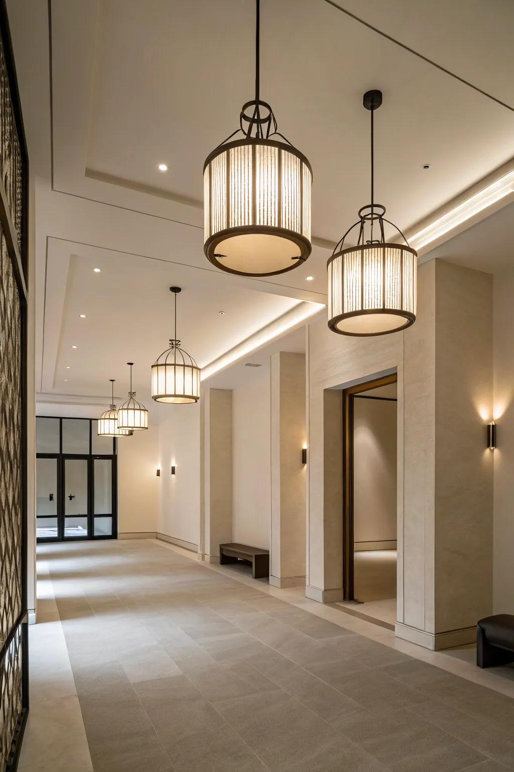 Streamlined illumination fixtures within a contemporary interior.