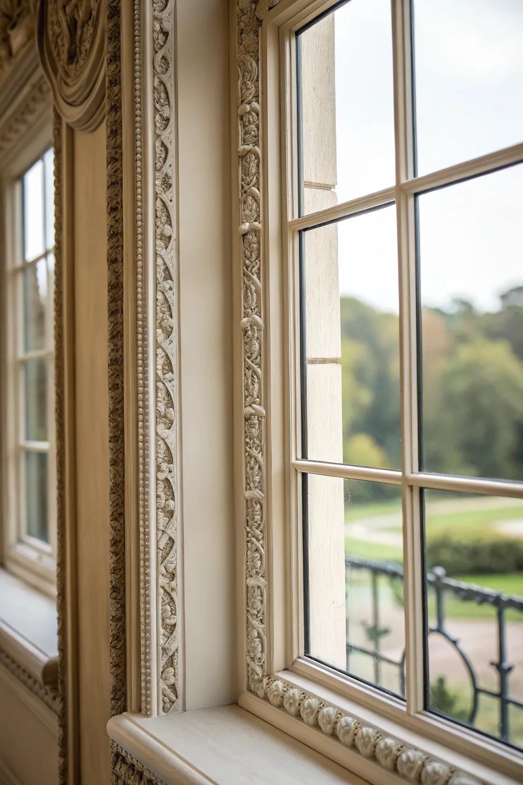 A window with layered molding, adding depth and sophistication to the decor.