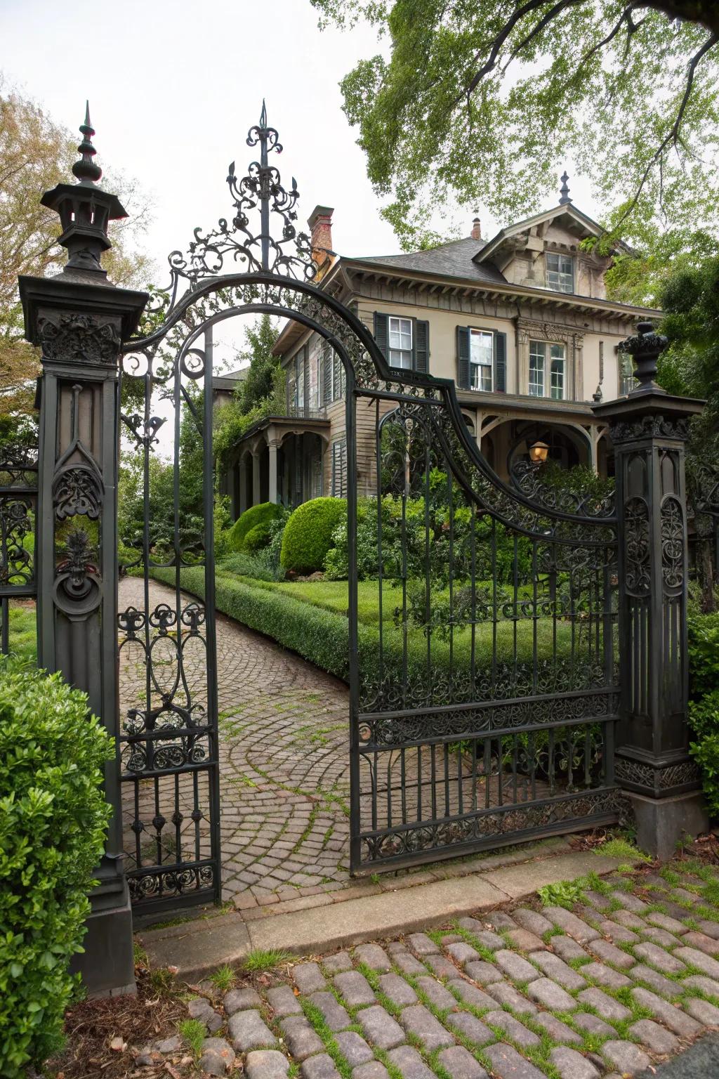 A charming Victorian-style iron gate with intricate details.