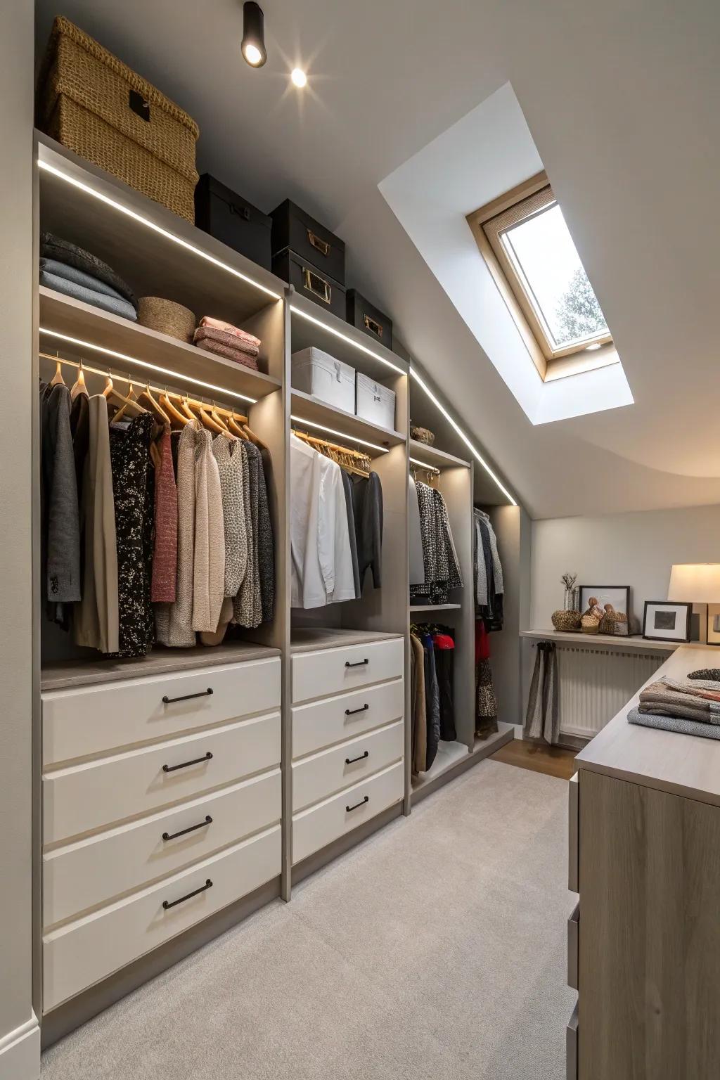 A thoughtfully crafted walk-in closet within an unconventional room layout.