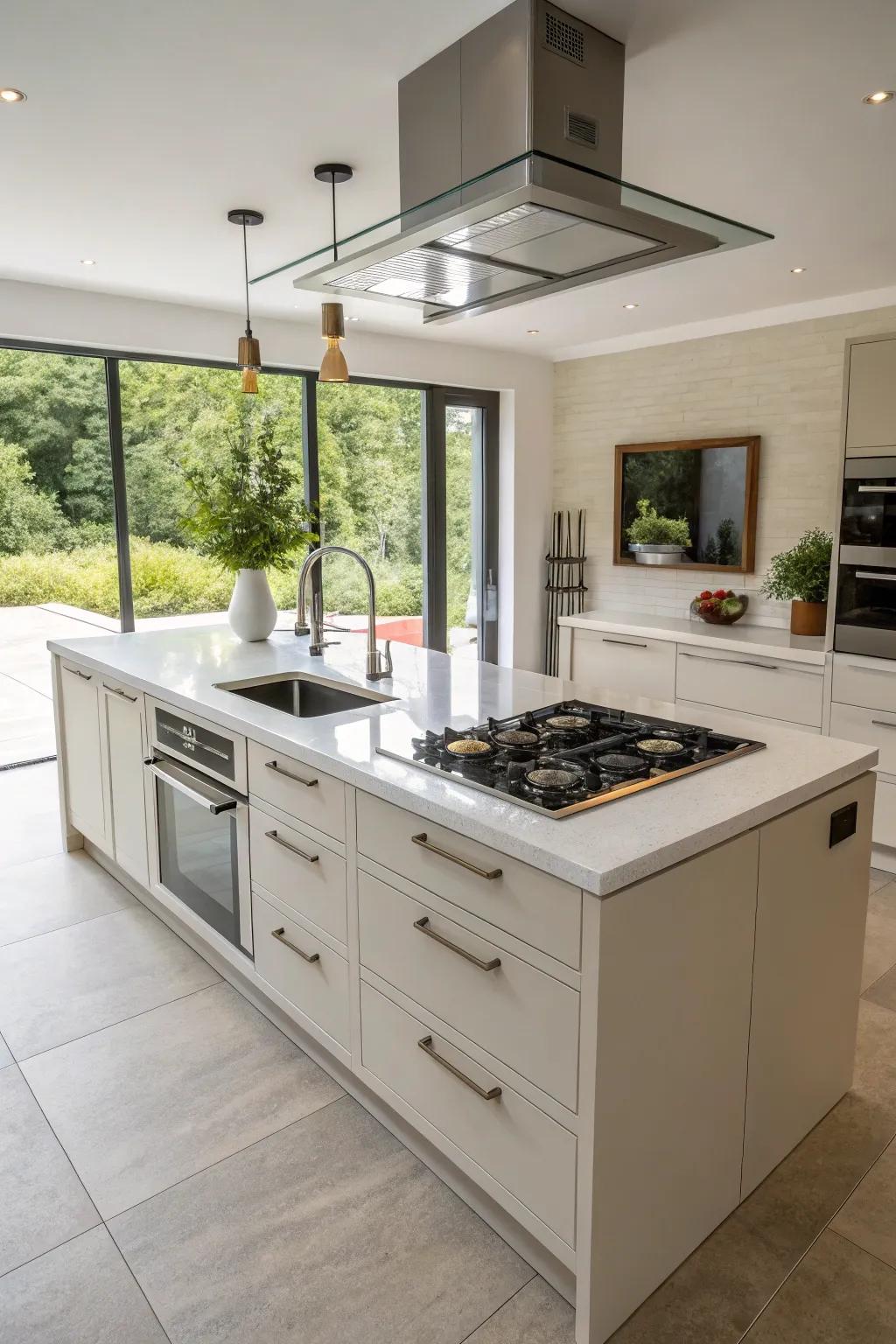 Integrated appliances rendering a kitchen island highly functional and efficient.