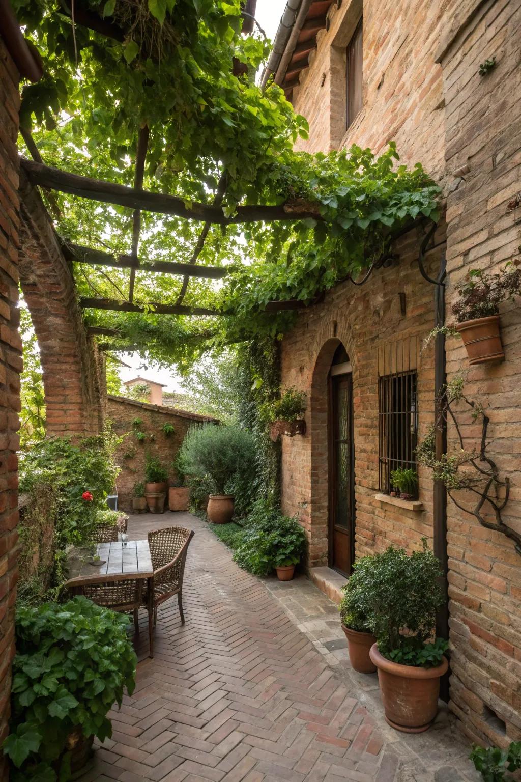 Brick walls enhance the rustic Italian vibe of a patio.