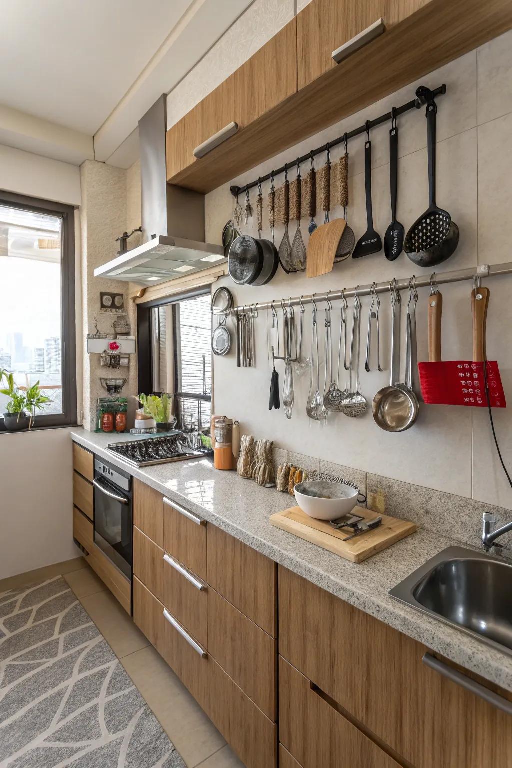 Hanging utensils keep your essentials within arm's reach.