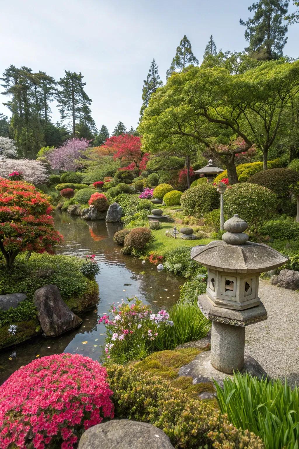 Brilliant seasonal greenery and flowers displayed in a Japanese garden.