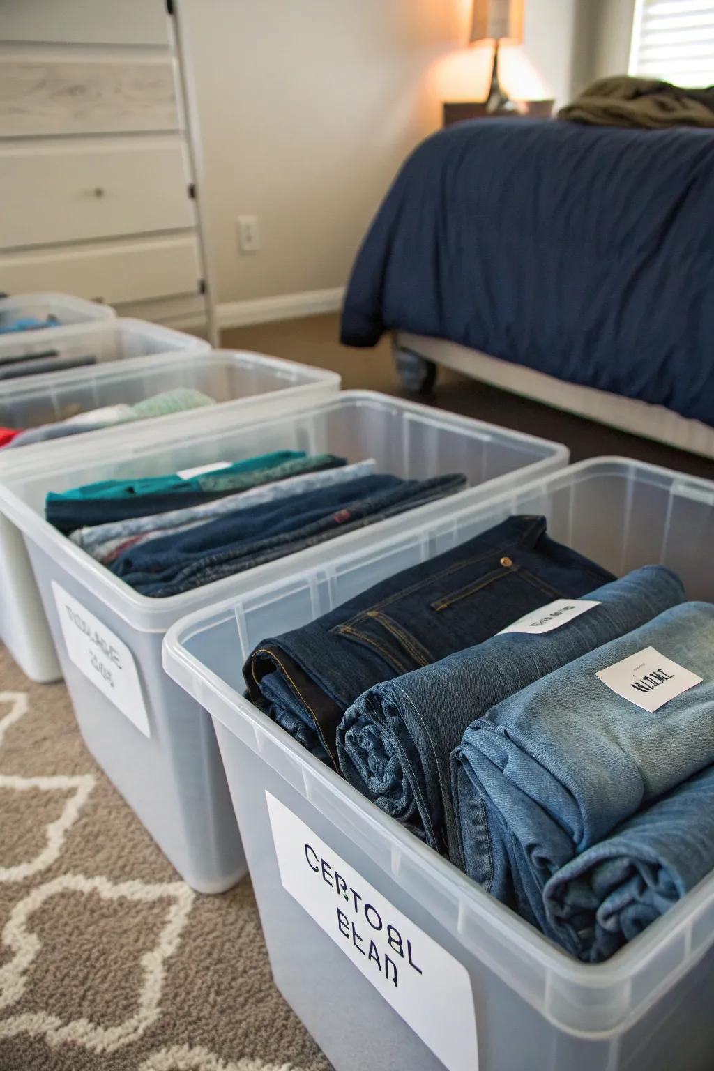Repurpose bins for a practical and concealed jeans storage answer.