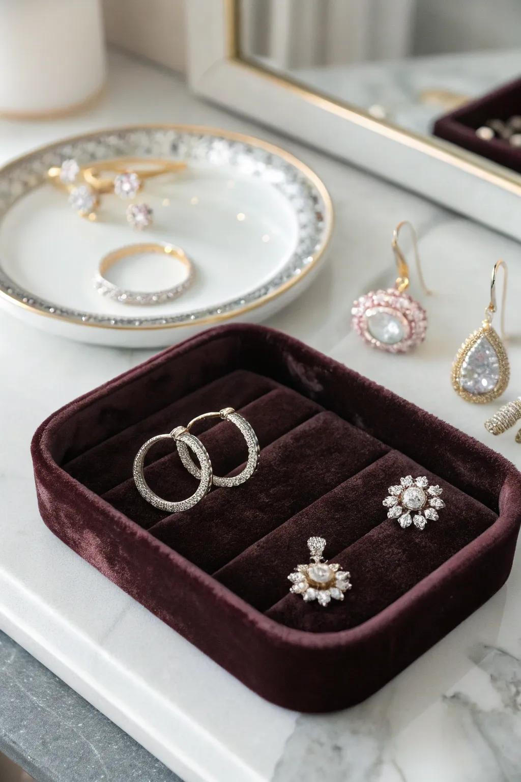 A velvet-lined tray for a luxurious jewelry display