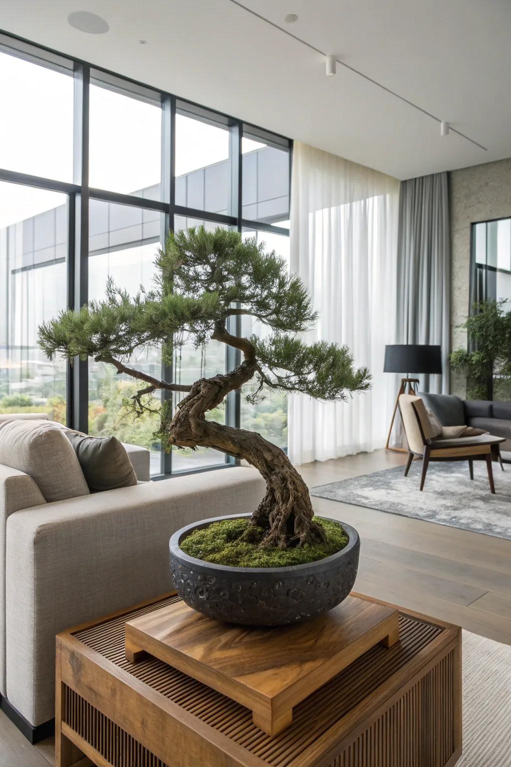 A raft configuration juniper bonsai infusing a narrative component into a contemporary living chamber.