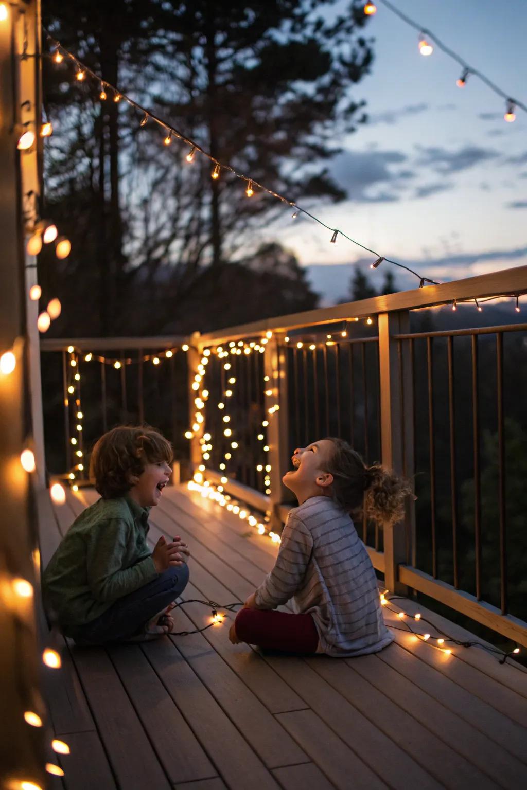 A deck illuminated by solar twinkle lights at dusk where kids are playing.