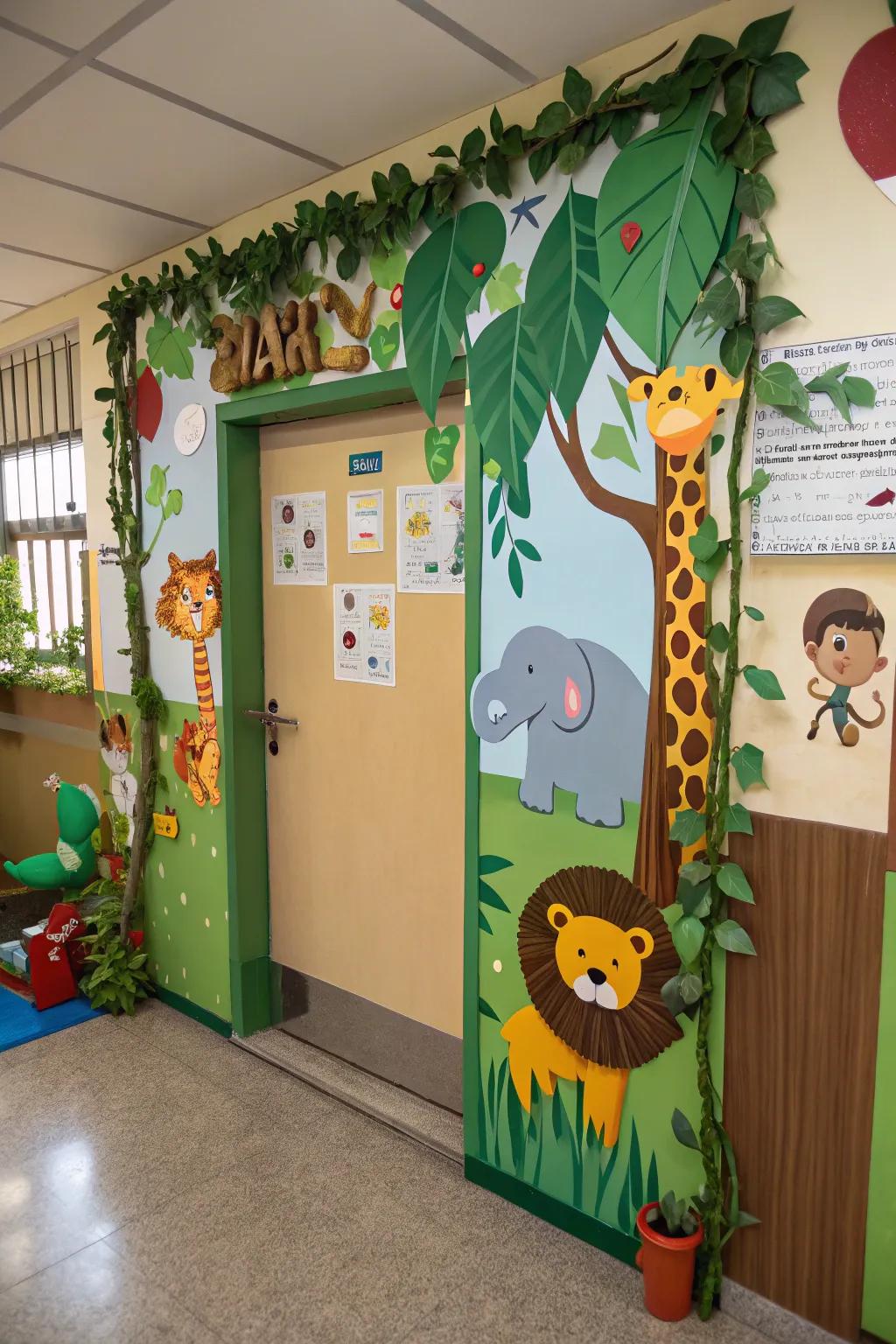 A kindergarten door with a jungle safari theme, including fauna and verdure.