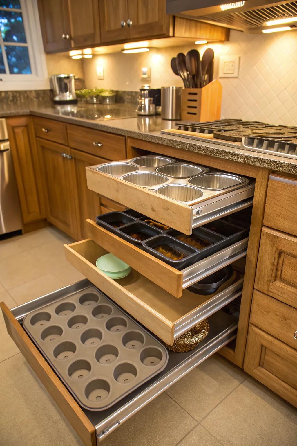 Pullout drawers make every corner easily accessible.