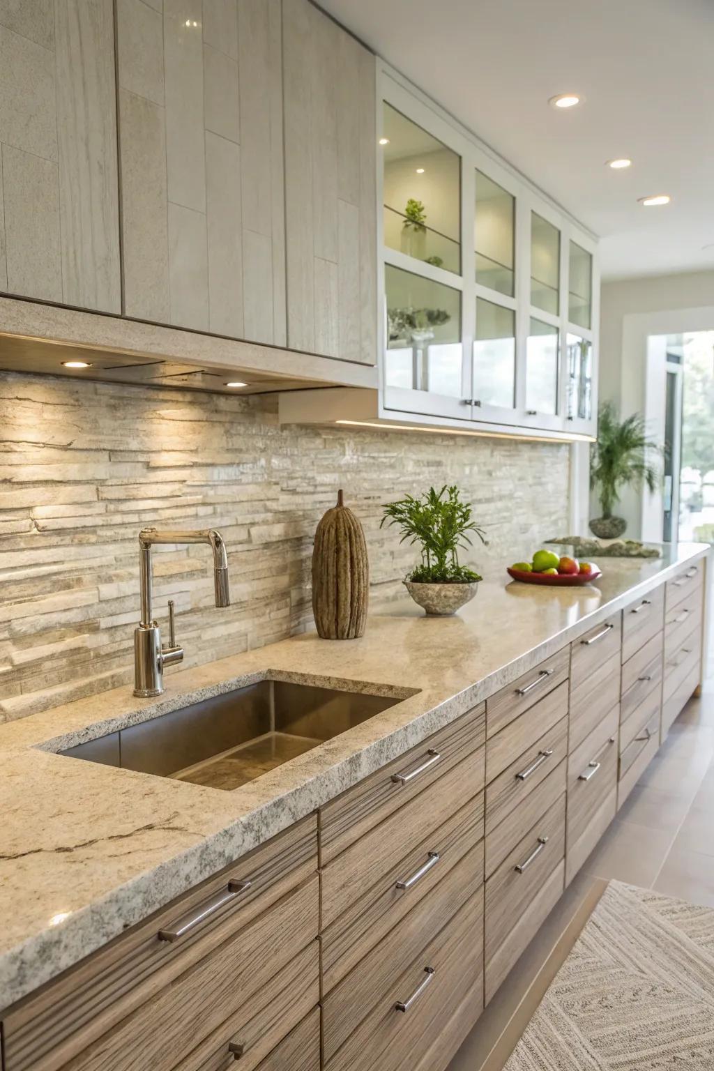 Contrasting textures highlighted with limestone and glass.